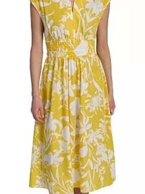 Calvin Klein Yellow and White Floral Shirred-Waist Midi Dress